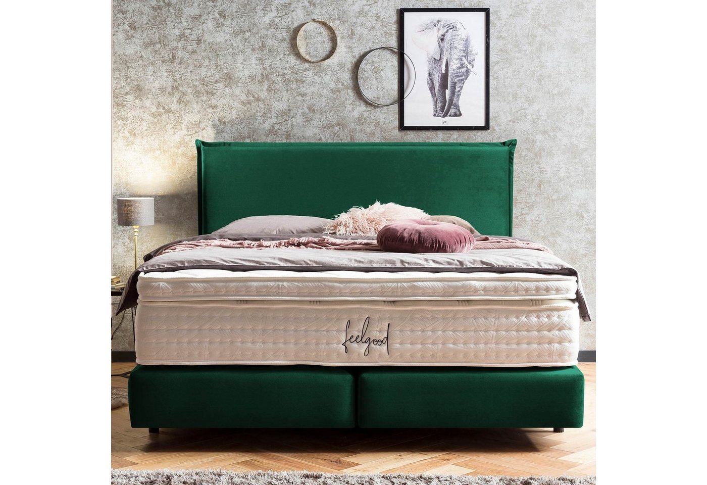 BettCo Boxspringbett London (in Smaragd Samt, 140 x 200 cm), Zeitloses-Design mit Biese + optionaler Topper, Schwebeoptik von BettCo