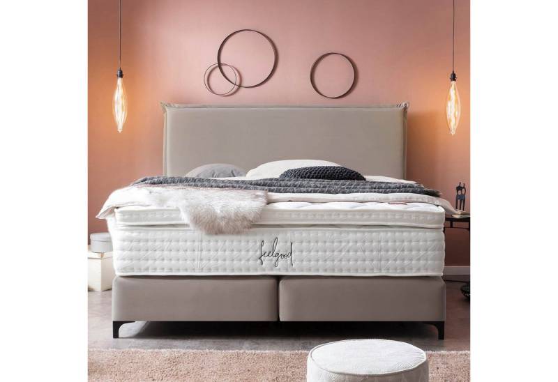 BettCo Boxspringbett London (in Taupe Velours, 140 x 200 cm), Zeitloses-Design mit Biese + optionaler Topper, Schwarze Metallfüße von BettCo