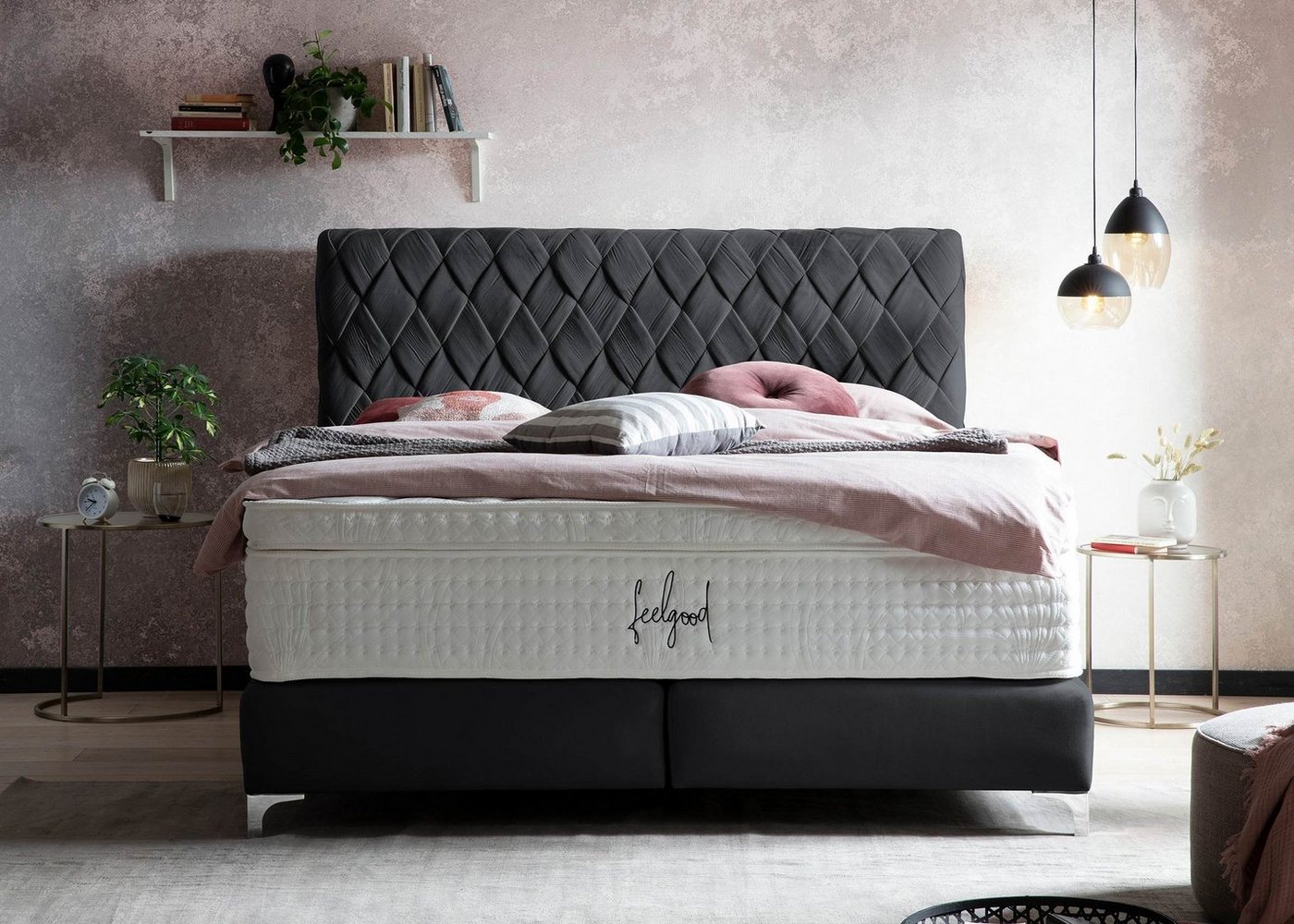 BettCo Boxspringbett Lyon (160 x 200 cm), Kopfteil handgeflochten + optionaler Topper, Füße Chrom-Optik von BettCo