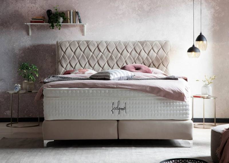 BettCo Boxspringbett Lyon (160 x 200 cm), Kopfteil handgeflochten + optionaler Topper, Füße Chrom-Optik von BettCo