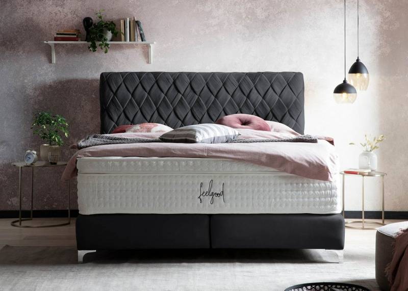 BettCo Boxspringbett Lyon (180 x 200 cm), Kopfteil handgeflochten + optionaler Topper, Füße Chrom-Optik von BettCo