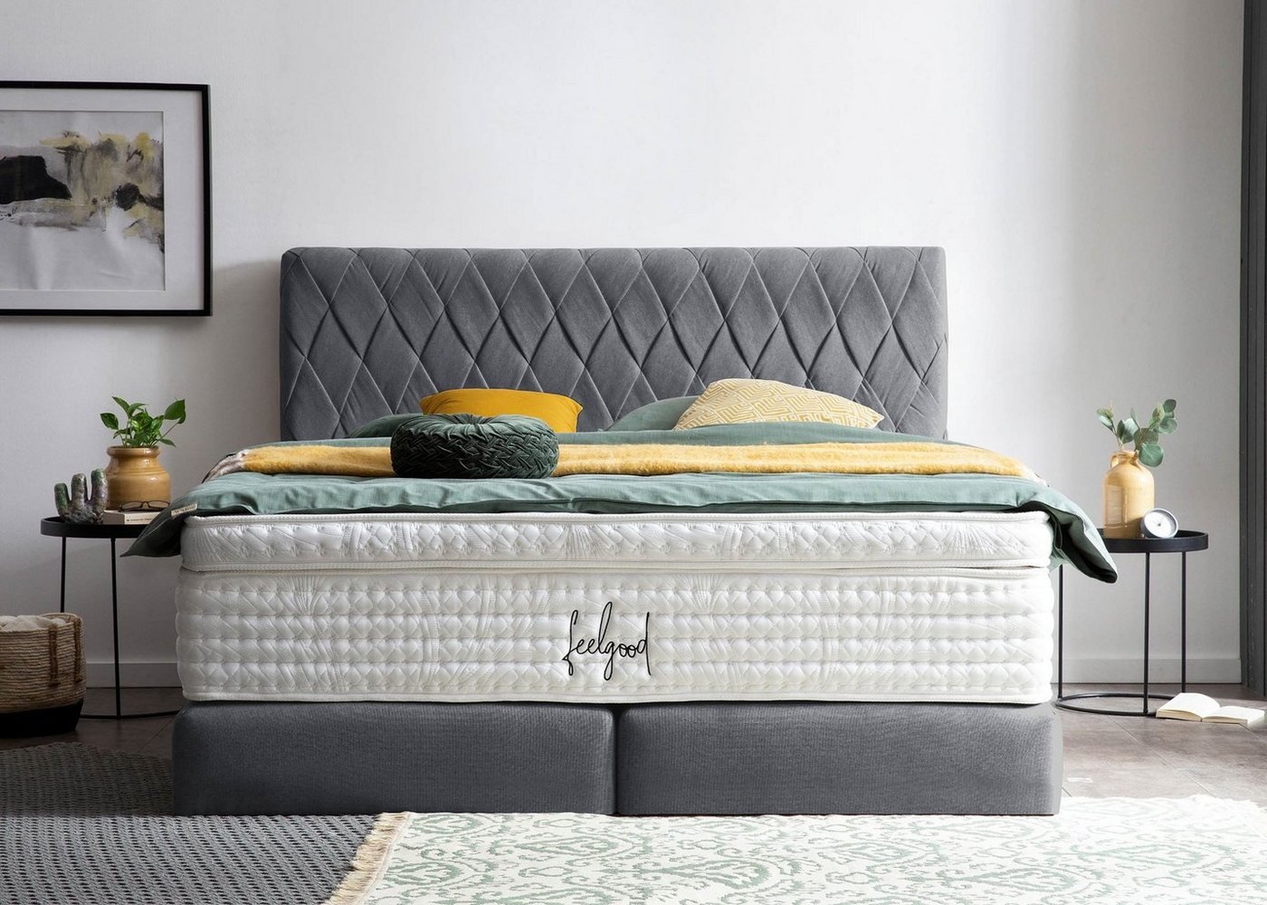 BettCo Boxspringbett Lyon (in Anthrazit Webstoff, 140 x 200 cm), Kopfteil handgeflochten + optionaler Topper, Gleiterfüße von BettCo