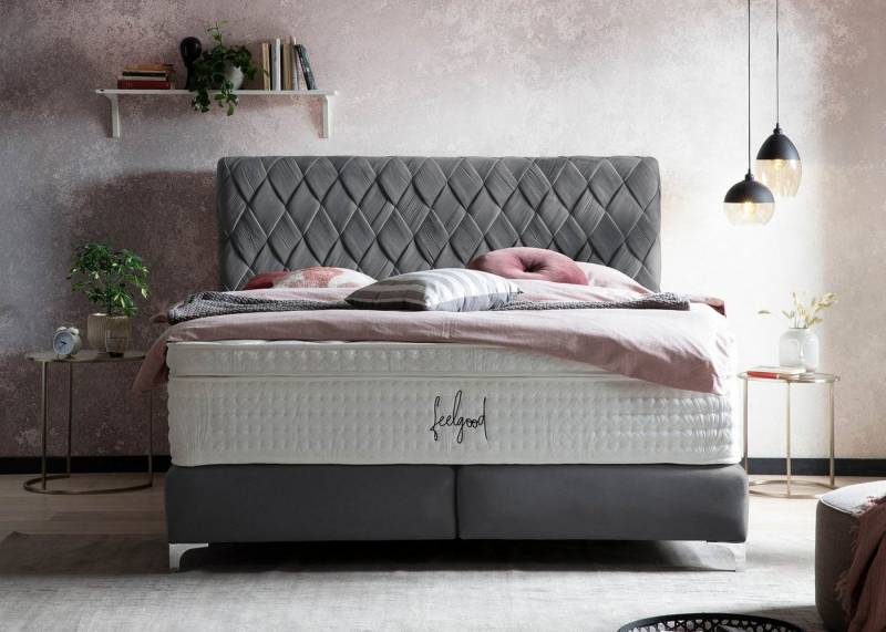 BettCo Boxspringbett Lyon (in Dunkelgrau Velours, 140 x 200 cm), Kopfteil handgeflochten + optionaler Topper, Füße Chrom-Optik von BettCo