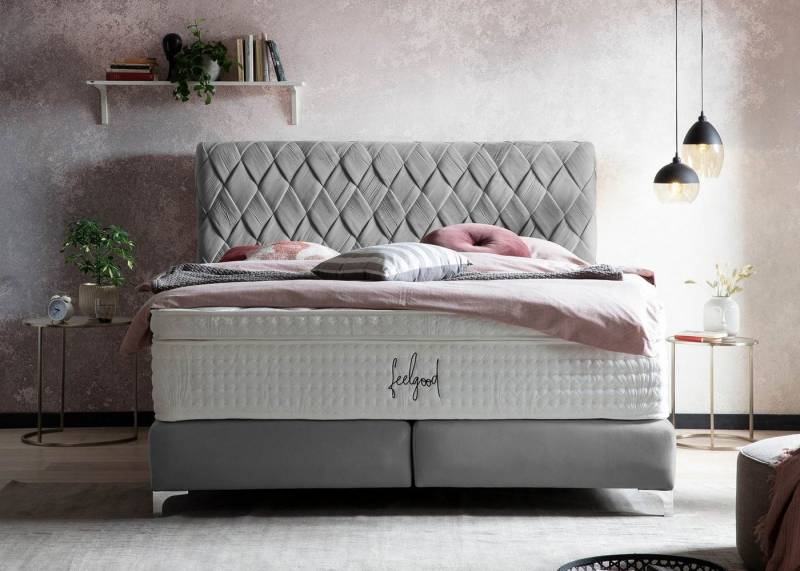 BettCo Boxspringbett Lyon (in Grau Velours, 140 x 200 cm), handgeflochten, Topper optional, Füße Chrom-Optik von BettCo