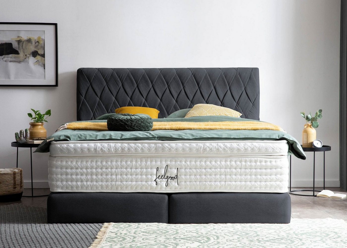 BettCo Boxspringbett Lyon (in Schwarz Webstoff, 140 x 200 cm), Kopfteil handgeflochten + optionaler Topper, Gleiterfüße von BettCo