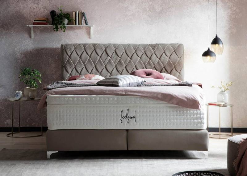 BettCo Boxspringbett Lyon (in Taupe Velours, 160 x 200 cm), handgeflochten, Topper optional, Füße Chrom-Optik von BettCo