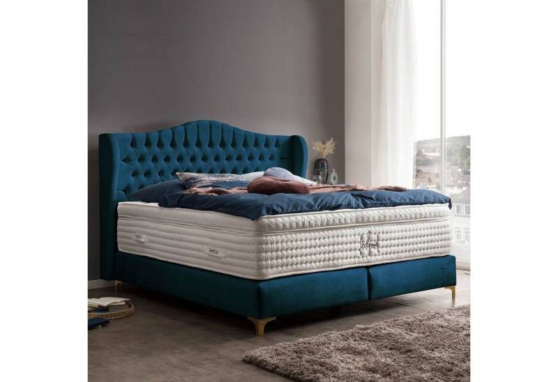 BettCo Boxspringbett Maison (in Petrol Samt, 200 x 200 cm), Chesterfield, Topper optional, Füße Gold-Optik von BettCo