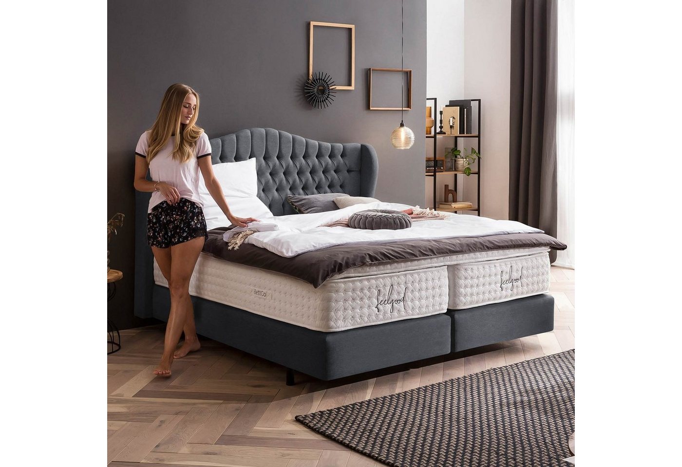 BettCo Boxspringbett Maison (in Anthrazit Webstoff, 160 x 200 cm), Chesterfield Design mit Ohren + optionaler Topper, Schwebeoptik von BettCo