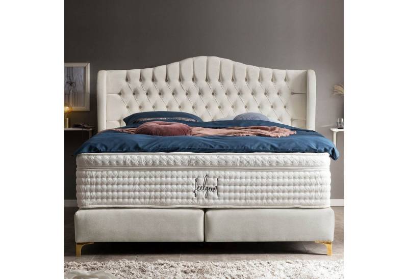 BettCo Boxspringbett Maison (in Creme Samt, 200 x 200 cm), Chesterfield, Topper optional, Füße Gold-Optik von BettCo
