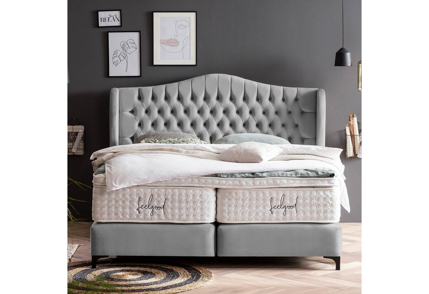 BettCo Boxspringbett Maison (in Grau Velours, 180 x 200 cm), Chesterfield Design + optionaler Topper, Schwarze Metallfüße von BettCo