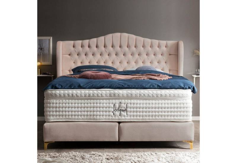 BettCo Boxspringbett Maison (in Rose Samt, 200 x 200 cm), Chesterfield, Topper optional, Füße Gold-Optik von BettCo