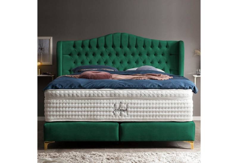 BettCo Boxspringbett Maison (in Smaragd Samt, 160 x 200 cm), Chesterfield, Topper optional, Füße Gold-Optik von BettCo