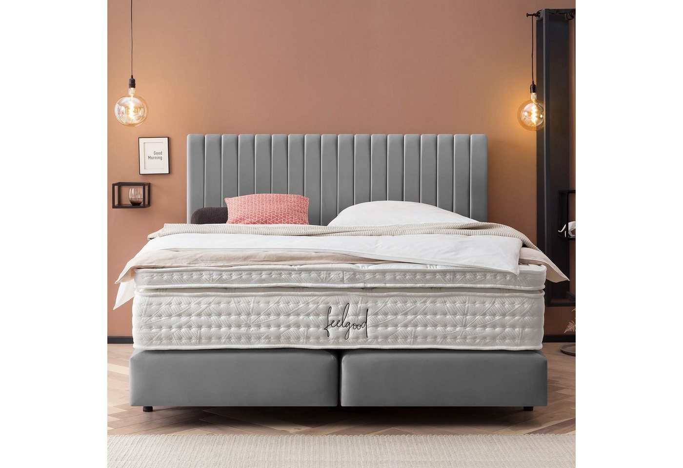 BettCo Boxspringbett Paris (140 x 200 cm, in Grau Velours), Zeitloses-Design mit Pfeifensteppung + optionaler Topper, Schwebeoptik von BettCo