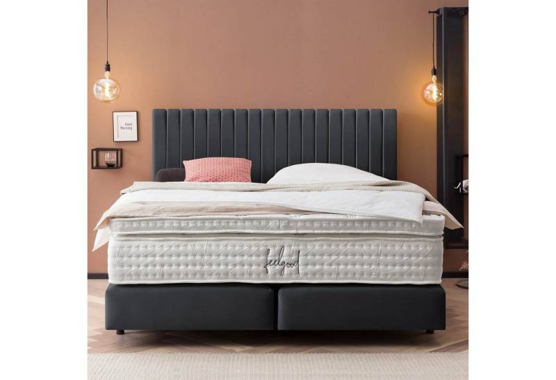 BettCo Boxspringbett Paris (in Schwarz Velours, 180 x 200 cm), Pfeifensteppung, Topper optional, Schwebeoptik von BettCo