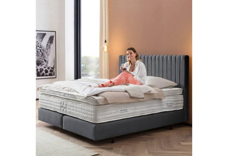 BettCo Boxspringbett Paris (200 x 200 cm, in Dunkelgrau Velours), Zeitloses-Design mit Pfeifensteppung + optionaler Topper, Schwebeoptik von BettCo