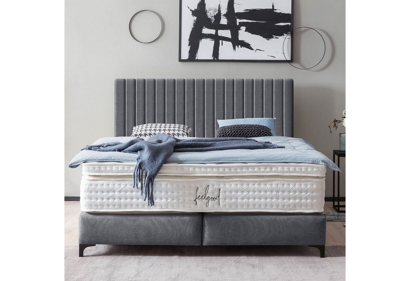 BettCo Boxspringbett Paris (in Anthrazit Webstoff), Pfeifensteppung, Topper optional, Metallfüße von BettCo