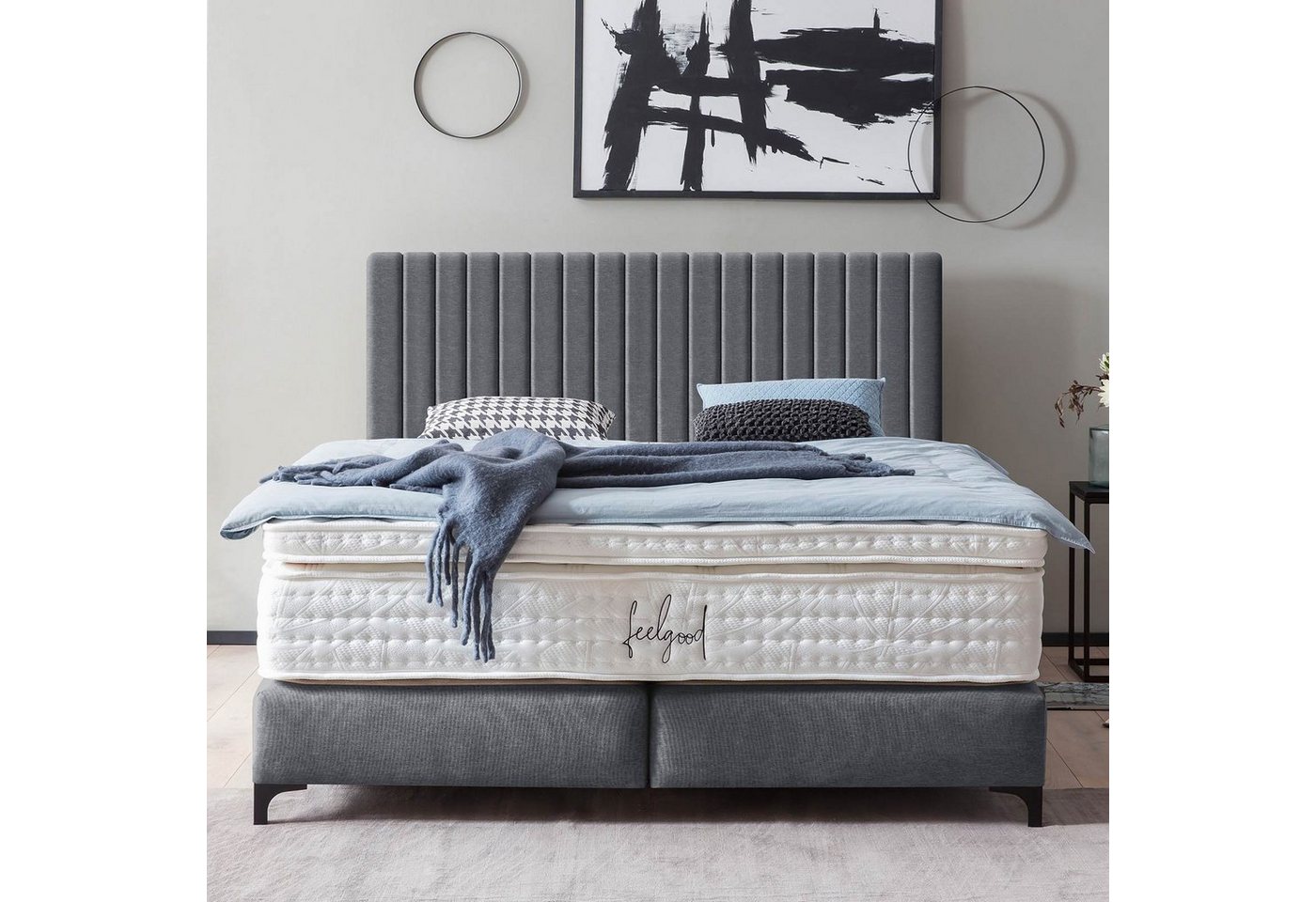 BettCo Boxspringbett Paris (in Anthrazit Webstoff), Pfeifensteppung Design + optionaler Topper, Schwarze Metallfüße von BettCo