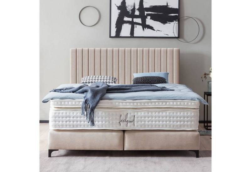 BettCo Boxspringbett Paris (in Beige Webstoff), Pfeifensteppung, Topper optional, Metallfüße von BettCo