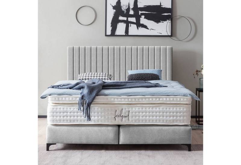 BettCo Boxspringbett Paris (in Hellgrau Webstoff), Pfeifensteppung Design + optionaler Topper, Schwarze Metallfüße von BettCo