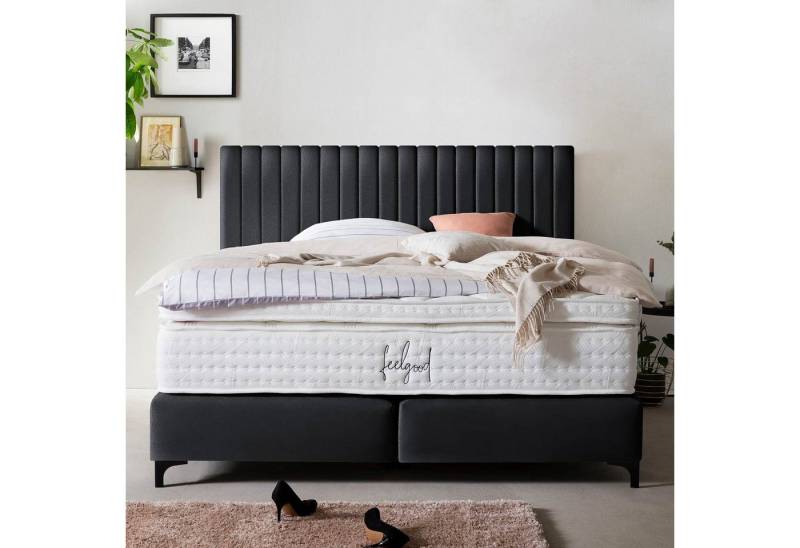 BettCo Boxspringbett Paris (in Schwarz Samt), Pfeifensteppung Design + optionaler Topper, Schwarze Metallfüße von BettCo