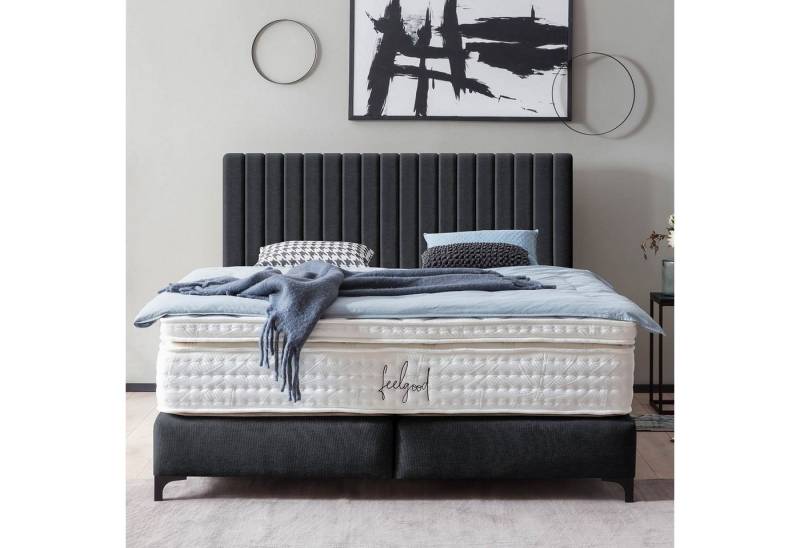 BettCo Boxspringbett Paris (in Schwarz Webstoff, 180 x 200 cm), Pfeifensteppung Design + optionaler Topper, Schwarze Metallfüße von BettCo