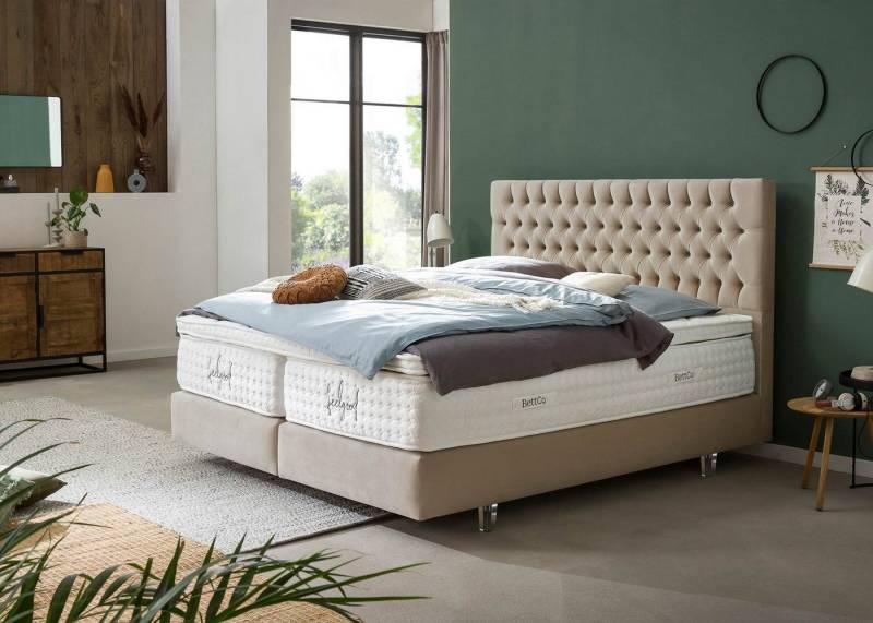 BettCo Boxspringbett Vegas (140 x 200 cm, 7-St., in Beige Samt), Chesterfield Design, Topper optional, Acryl-Füße von BettCo