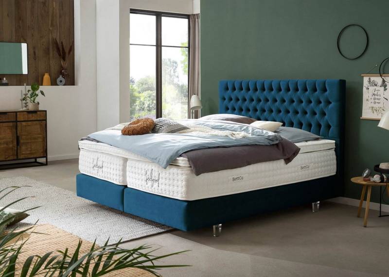 BettCo Boxspringbett Vegas (140 x 200 cm, 7-St., in Petrol Samt), Chesterfield Design, Topper optional, Acryl-Füße von BettCo