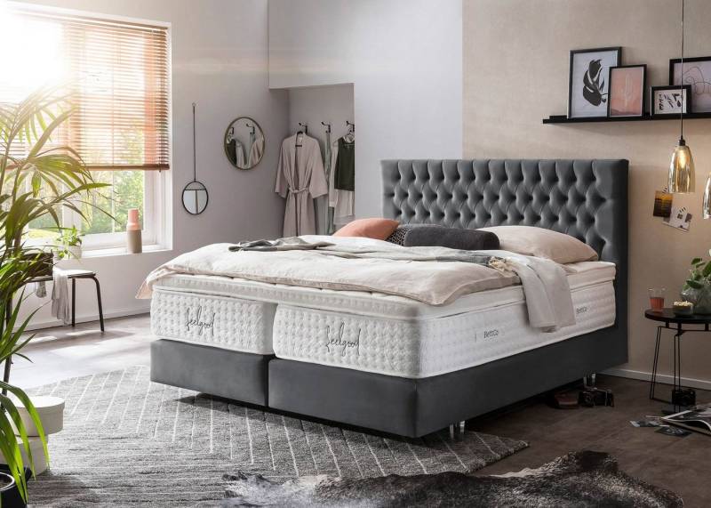BettCo Boxspringbett Vegas (160 x 200 cm, 7-St., in Dunkelgrau Velours), Chesterfield Design, Topper optional, Acryl-Füße von BettCo