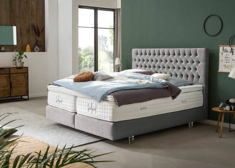 BettCo Boxspringbett Vegas (180 x 200 cm, 7-St., in Silber Samt), Chesterfield Design, Topper optional, Acryl-Füße von BettCo