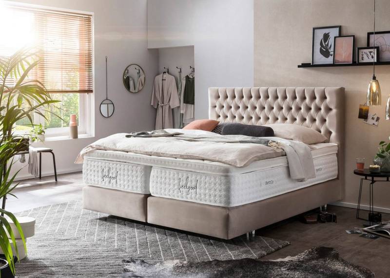 BettCo Boxspringbett Vegas (200 x 200 cm, 7-St., in Creme Velours), Chesterfield Design, Topper optional, Acryl-Füße von BettCo