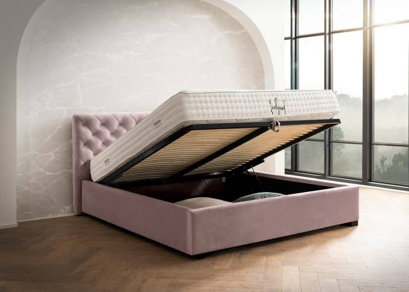 BettCo Stauraumbett Polsterbett mit Bettkasten Stella (in Rose Velours, 160 x 200 cm), mit Lattenrost, optionale Matratze von BettCo