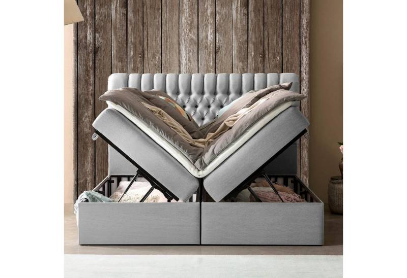 BettCo Stauraumbett Boxspringbett mit Bettkasten Chester (in Hellgrau Webstoff, 180 x 200 cm), XXL Bettkasten, Gleiterfüße von BettCo