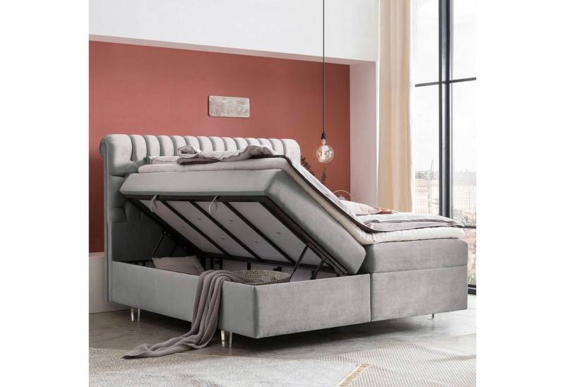 BettCo Stauraumbett Boxspringbett mit Bettkasten Chester (in Silber Samt, 140 x 200 cm), XXL Bettkasten, Acryl-Füße von BettCo