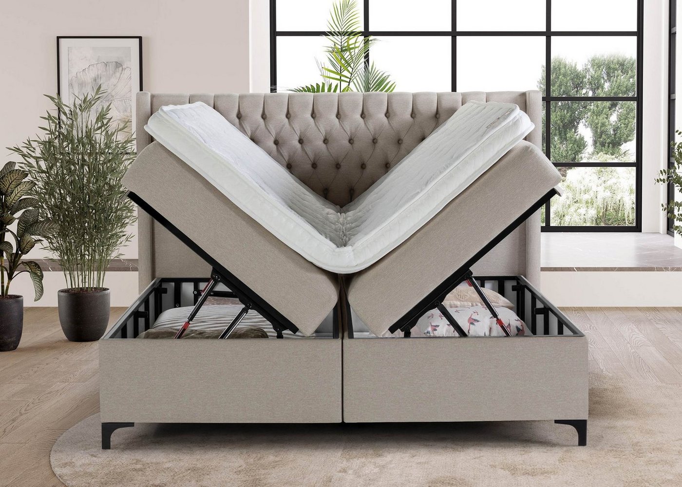 BettCo Stauraumbett Boxspringbett mit Bettkasten Florida (in Beige Webstoff, 180 x 200 cm), XXL Bettkasten, Metallfüße, Topper optional von BettCo