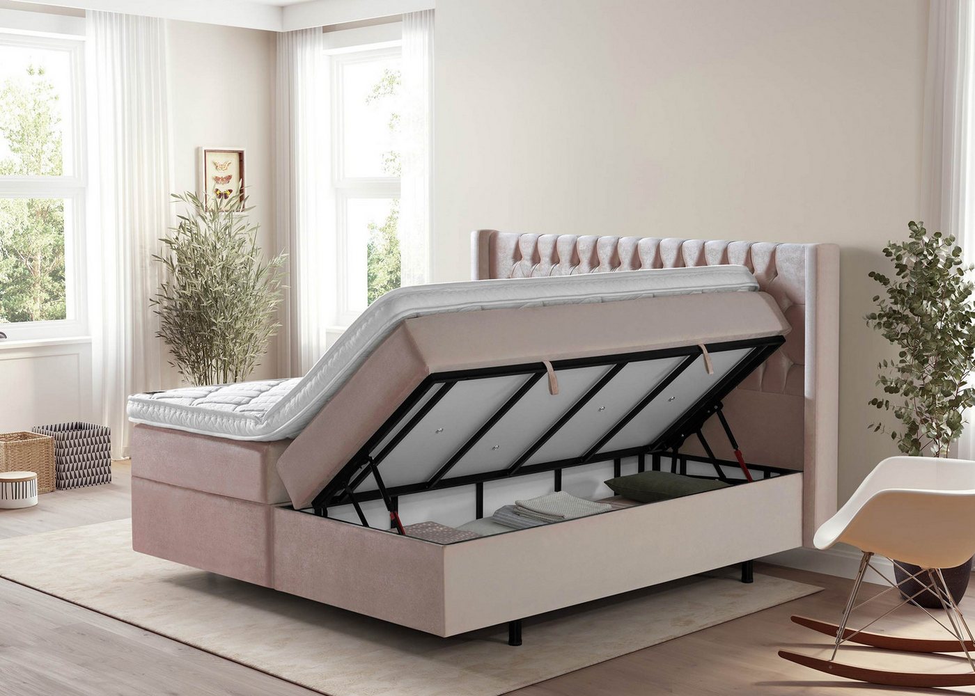 BettCo Stauraumbett Boxspringbett mit Bettkasten Florida (in Rose Samt, 200 x 200 cm), XXL Bettkasten, Schwebeoptik Füße von BettCo