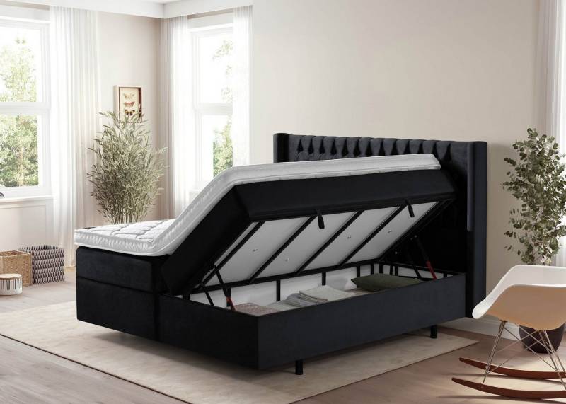 BettCo Stauraumbett Boxspringbett mit Bettkasten Florida (in Schwarz Samt, 180 x 200 cm), XXL Bettkasten, Schwebeoptik Füße von BettCo
