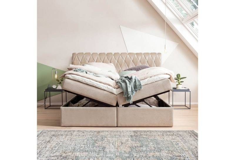 BettCo Stauraumbett Boxspringbett mit Bettkasten Lyon (in Beige Samt, 200 x 200 cm), XXL Bettkasten, Gleiterfüße, Topper optional von BettCo