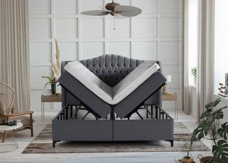 BettCo Stauraumbett Boxspringbett mit Bettkasten Maison (in Anthrazit Webstoff, 180 x 200 cm), XXL Bettkasten, Metallfüße, Topper optional von BettCo