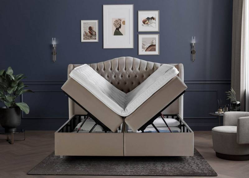 BettCo Stauraumbett Boxspringbett mit Bettkasten Maison (in Beige Samt, 200 x 200 cm), XXL Bettkasten, Topper optional, Acryl-Füße von BettCo