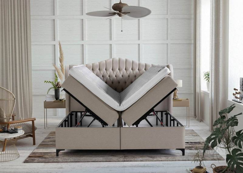 BettCo Stauraumbett Boxspringbett mit Bettkasten Maison (in Beige Webstoff, 200 x 200 cm), XXL Bettkasten, Metallfüße, Topper optional von BettCo