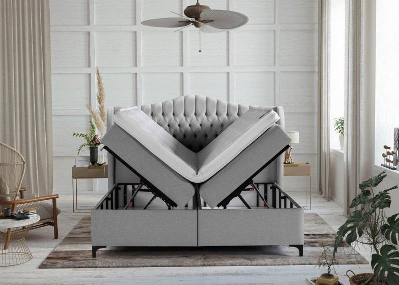 BettCo Stauraumbett Boxspringbett mit Bettkasten Maison (in Hellgrau Webstoff, 140 x 200 cm), XXL Bettkasten, Metallfüße, Topper optional von BettCo