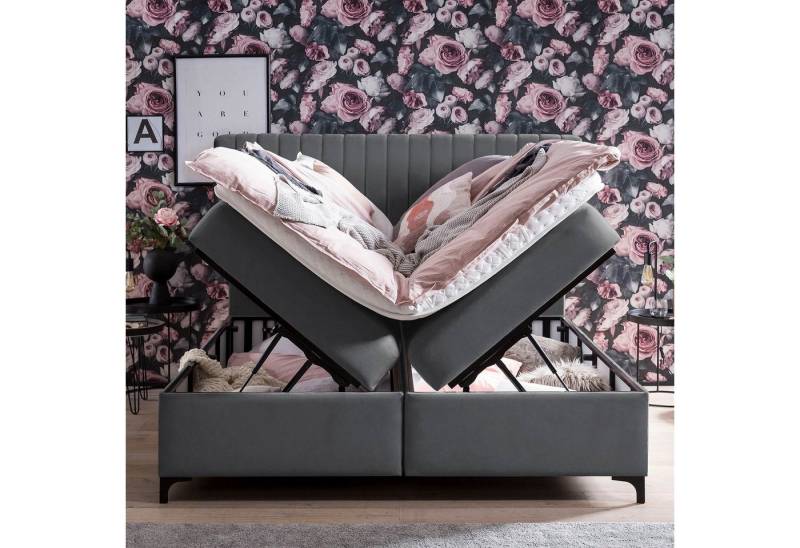 BettCo Stauraumbett Boxspringbett mit Bettkasten Paris (in Dunkelgrau Velours, 180 x 200 cm), XXL Bettkasten, Metallfüße von BettCo