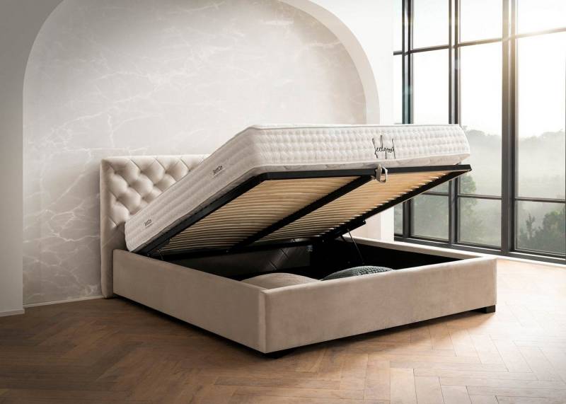 BettCo Stauraumbett Polsterbett mit Bettkasten Stella (in Altweiß Velours, 160 x 200 cm), mit Lattenrost, optionale Matratze von BettCo