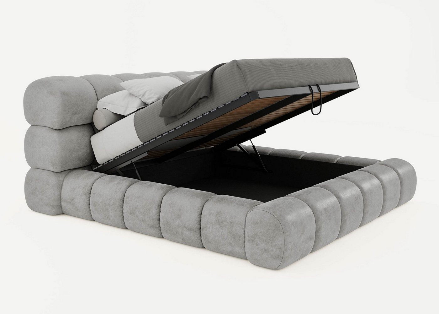 BettCo Stauraumbett Polsterbett mit Bettkasten York (in Grau Velours, 200 x 200 cm), mit Lattenrost, optionale Matratze von BettCo