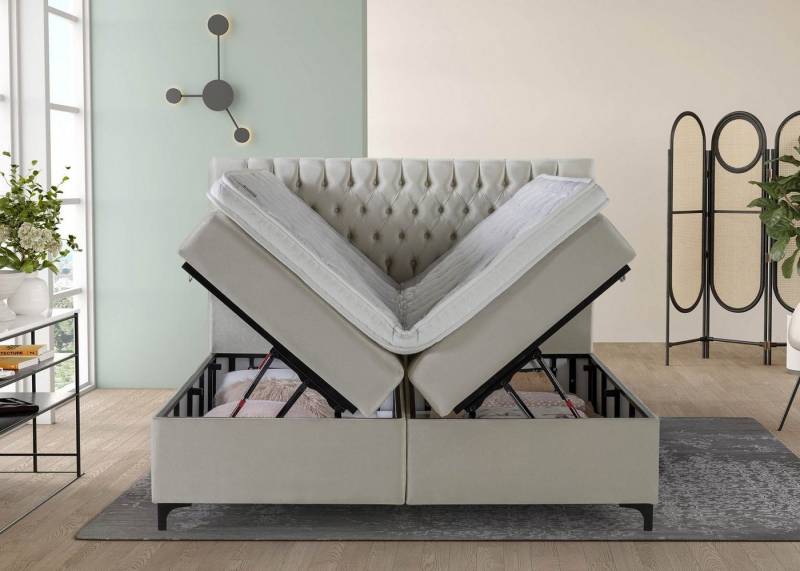 BettCo Stauraumbett Boxspringbett mit Bettkasten Vegas (in Samt Creme, 160 x 200 cm), Chesterfield Design, Metallfüße von BettCo