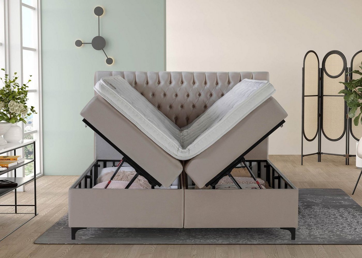 BettCo Stauraumbett Boxspringbett mit Bettkasten Vegas (in Samt Rose, 200 x 200 cm), Chesterfield Design, Metallfüße von BettCo
