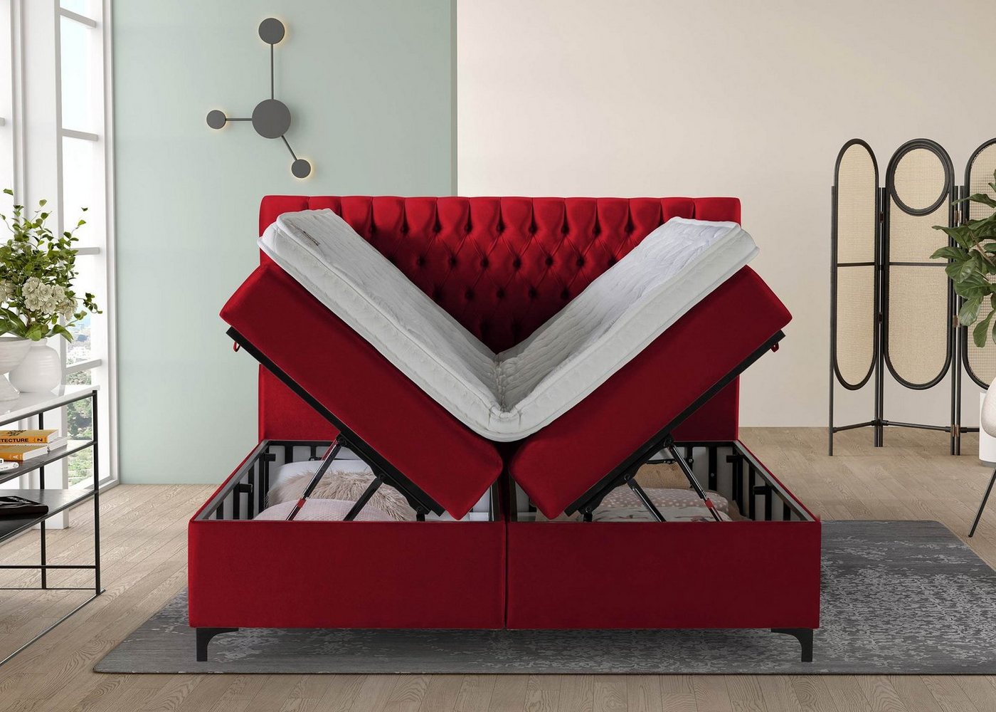 BettCo Stauraumbett Vegas (in Samt Rot, 160 x 200 cm), Chesterfiel-Design mit XXL Bettkasten + optionaler Topper, Schwarze Metallfüße von BettCo