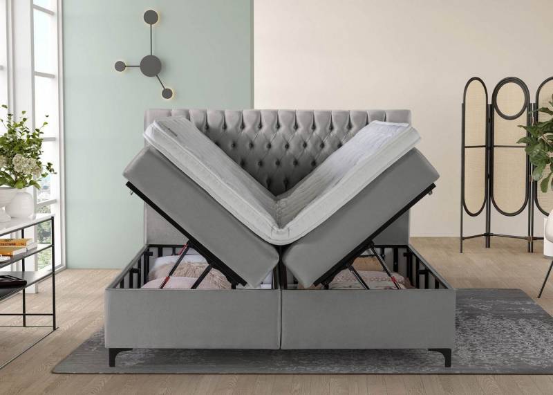 BettCo Stauraumbett Boxspringbett mit Bettkasten Vegas (in Samt Silber, 140 x 200 cm), Chesterfield Design, Metallfüße von BettCo