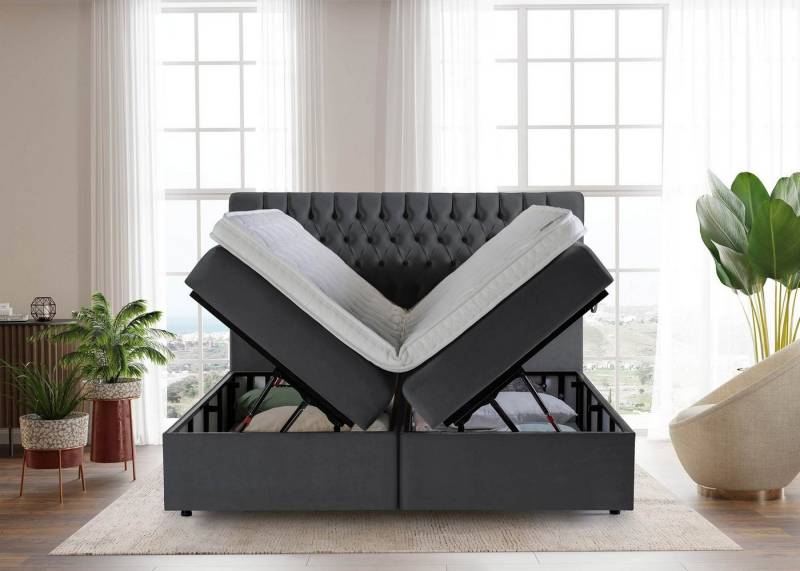 BettCo Stauraumbett Boxspringbett mit Bettkasten Vegas (in Velours Dunkelgrau, 180 x 200 cm), Chesterfield Design, Schwebeoptik Füße, Topper optional von BettCo
