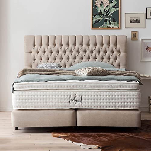 Boxspringbett Chester 180x200 Webstoff, Barock, mit Visco-Topper, Chesterfield, Hotelbett, ohne Bettkasten, 7 Zonen Taschenfederkern-Matratze, Aufbau KOSTENLOS (Beige, 180x200 cm mit Topper) von BettCo